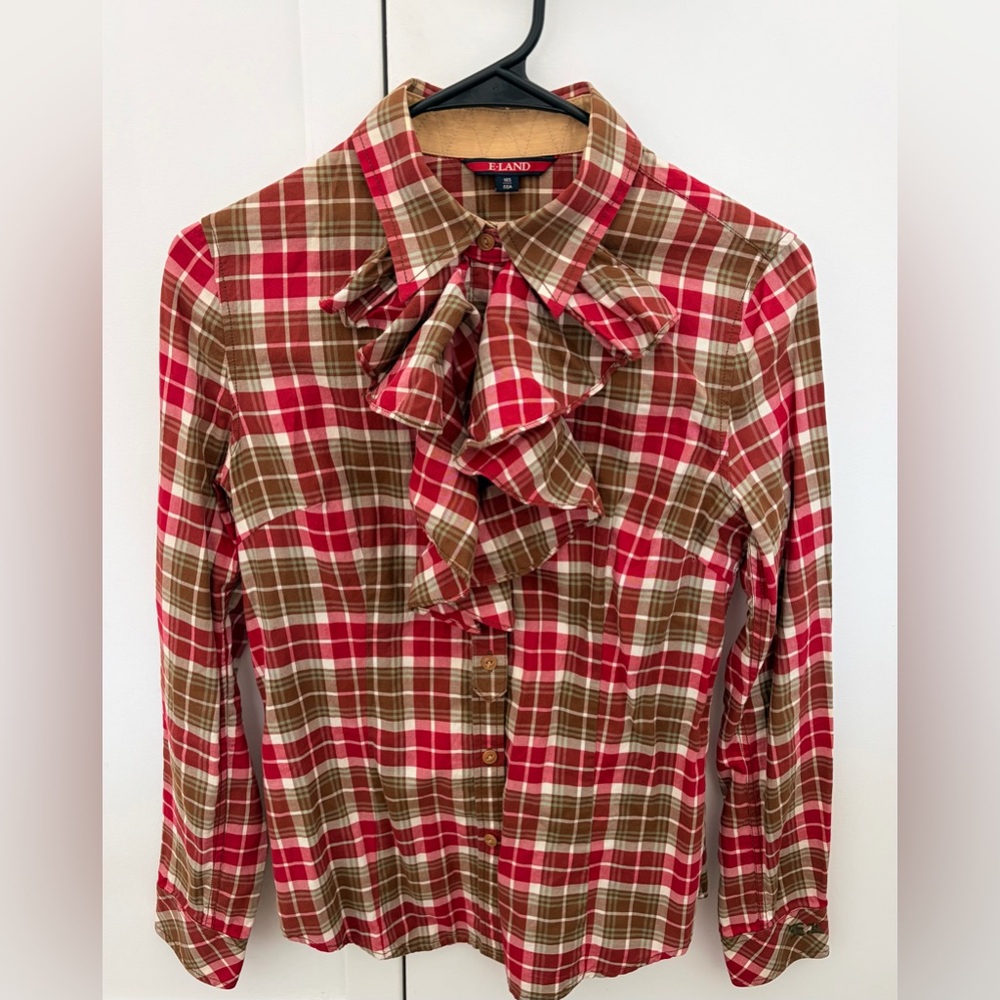 Eland Red & Brown Plaid Ruffle Button-Down Blouse